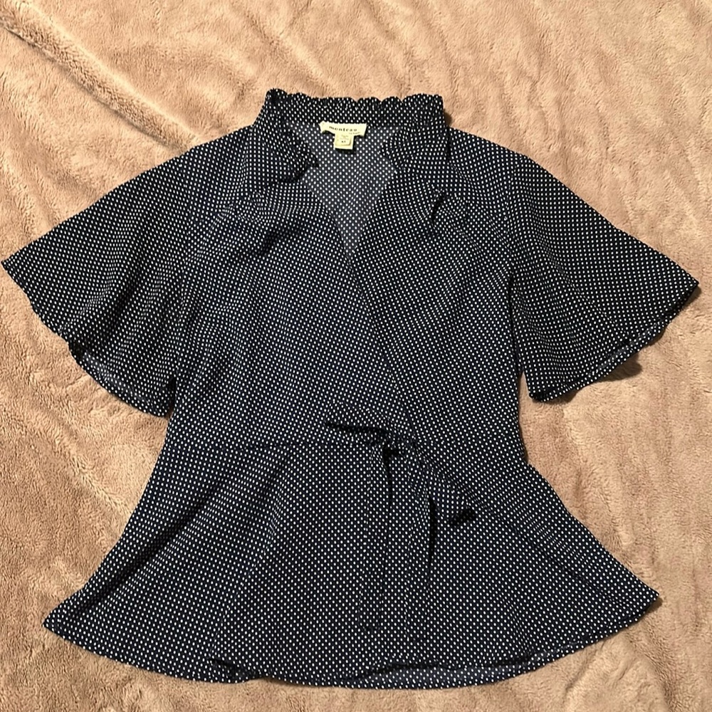 Navy and White Polka Dot Top